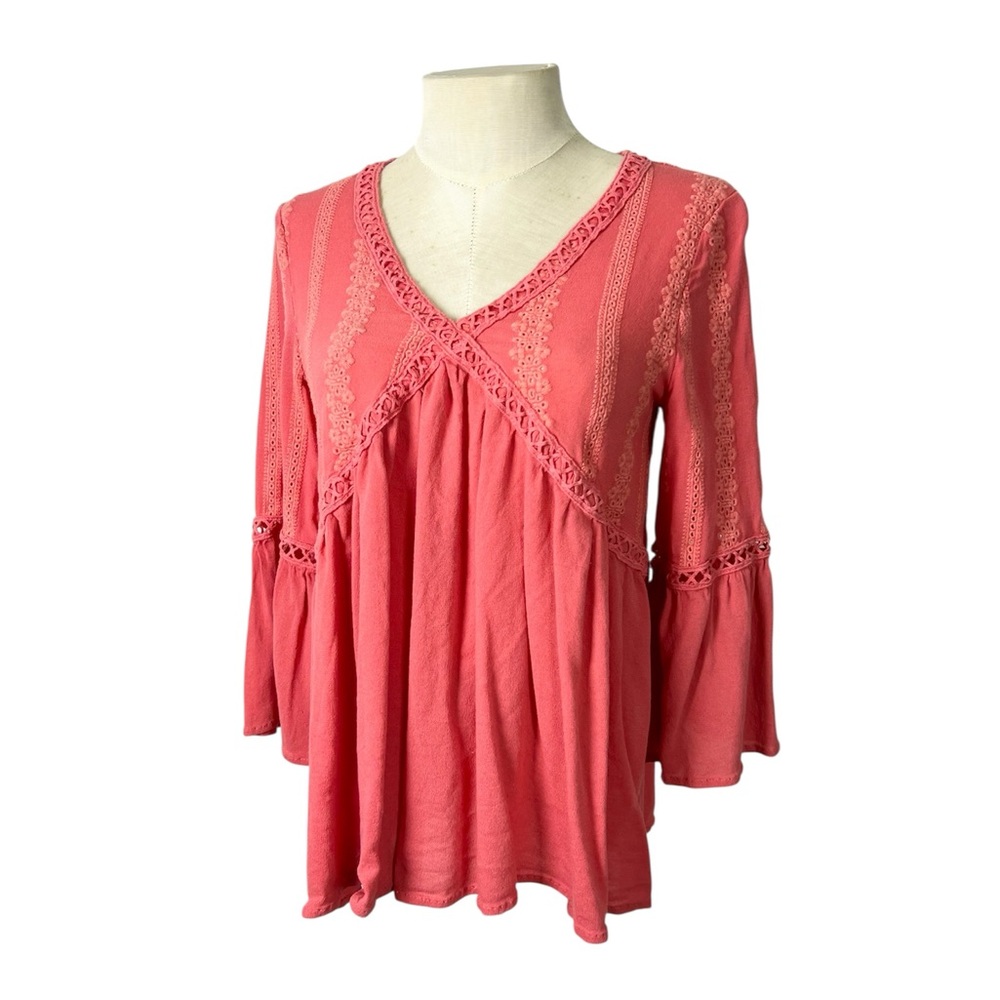 Altar’d State Boho peasant top‎ size Medium coral orange bell sleeve embroidered